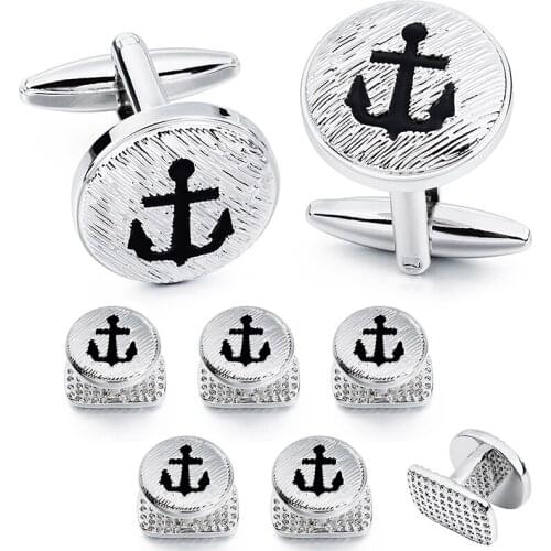 HAWSON Anchor Cufflinks and Studs Set for Men - Rhodium 8Pcs Tuxedo Shirt Cufflinks Button Fashion Mens Jewelry in Gift Box