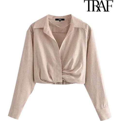 TRAF Women Fashion With Pleats Linen Cropped Blouses Vintage Long Sleeve Side Zipper Elastic Hem Female Shirts Chic Top