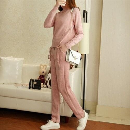 2020 Turtleneck Drawstring Promotion Wool Full New Cashmere 2 Piece Set Classic Cross Tie Fashion Casual Two-piece Suit Female