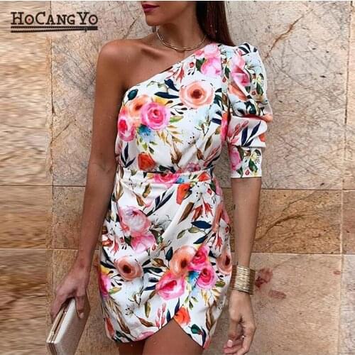 Summer Women Floral Print Bodycon Dress One Shoulder Plunge Dress Women Elegant 2021 Sexy Party Dresses Vestido Midi Elegante