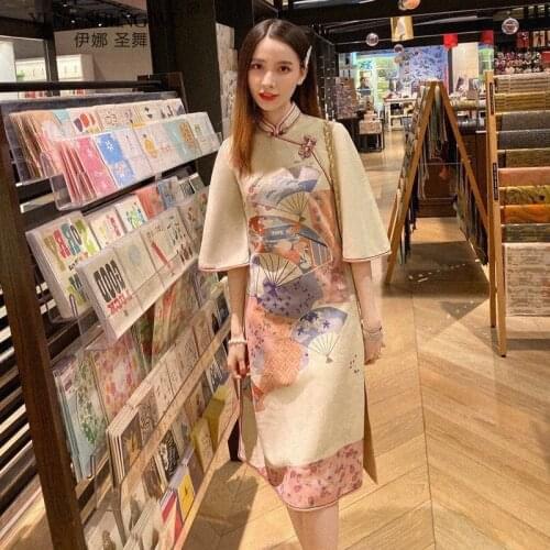Retro Chinese Style Loose Long Sleeve Cheongsam Woman New Fashion Spring And Summer Girly Mid-length Sweet Chinese Dress Qipao