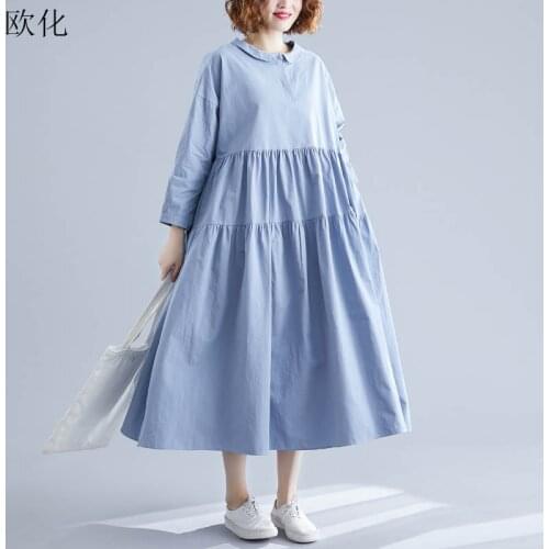 Plus Size Long Sleeve Doll Collar Dress Women 2020 New Spring Cotton Long A-Line Dress Vintage Loose Maxi Dresses Robe Femme 4XL