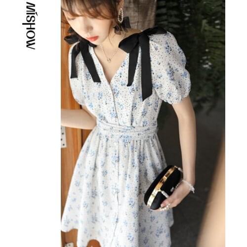 MISHOW Dress Women 2021 Summer New Cotton V-neck Elegant Bow Floral Vintage A-Line Dresses Female Clothing Vestidos MXA26L0025