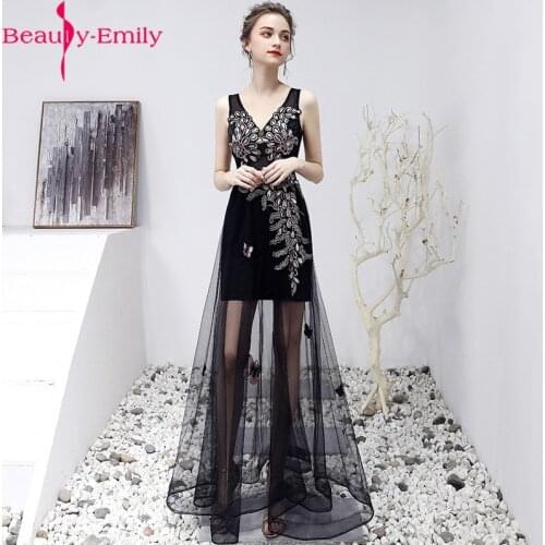 Beauty Emily Fashion V Neck Sleeveless A Line Evening Dress 2020 New Arrival Tulle Black Zipper Back Pearls Formal Party Dress