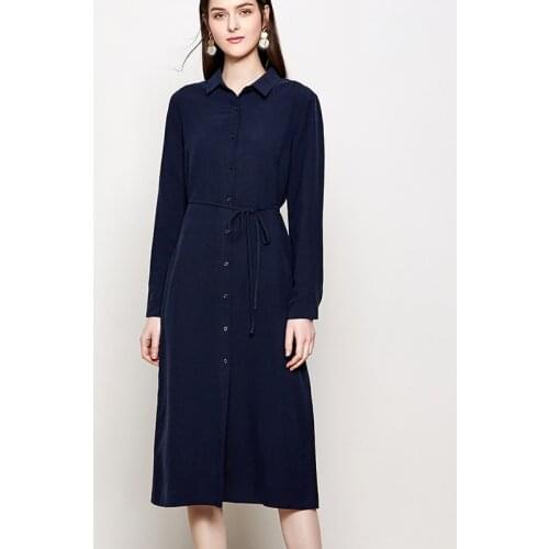 2019 Spring Silk Dress 50% Mulberry Silk Women Long Sleeve Turn-down Collar Shirt Dresses M/L/XL FREE SHIPPING