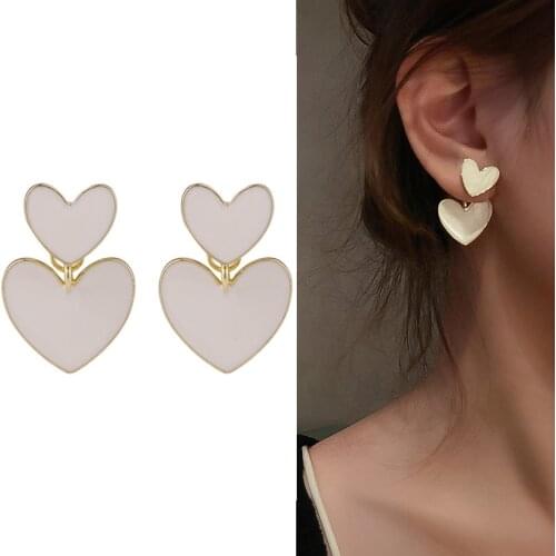 2021 Elegant White Color Double Heart Stud Earrings for Women Korean Geometric Statement Earrings Pendientes Mujer Bijoux