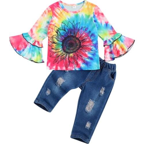 2021 0-6Y Toddler Baby Girl Clothes Sunflower Flare Sleeve Round Neck Tie Dye Pullover+Ripped Denim Pants with Slant Pocket 2pcs