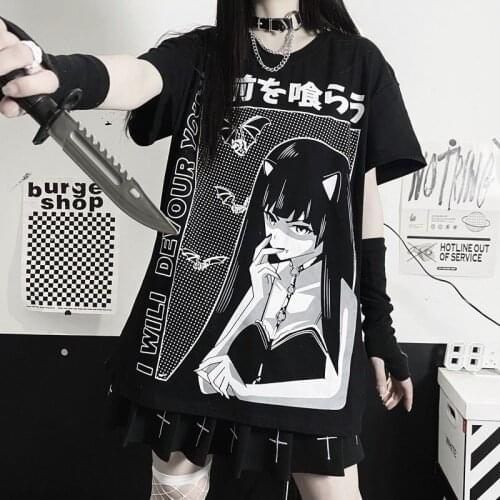 Anime Graphic T Shirts Women 2021 Summer Japanese Style Clothes Aesthetic BF Girl Tops Mujer Streetwear Black Gothic Tee Shirts