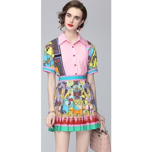 Fashion Temperament New Exotic Print Short Sleeve Blouse Shirt&High Waist Slim Pleated Skirt Suit OL Lady Summer 2 Two Piece Set