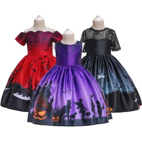 2021 New Halloween Pattern Christmas Style Girls Dress Santa Claus Princess Kids Home Party Clothing Children Birthday Present