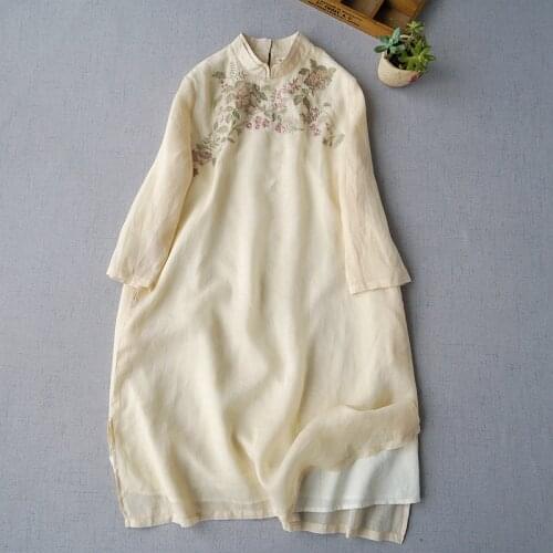 Exquisite, beautiful, simple and elegant nine point sleeve ramie dress temperament standing collar color flower embroidery thin