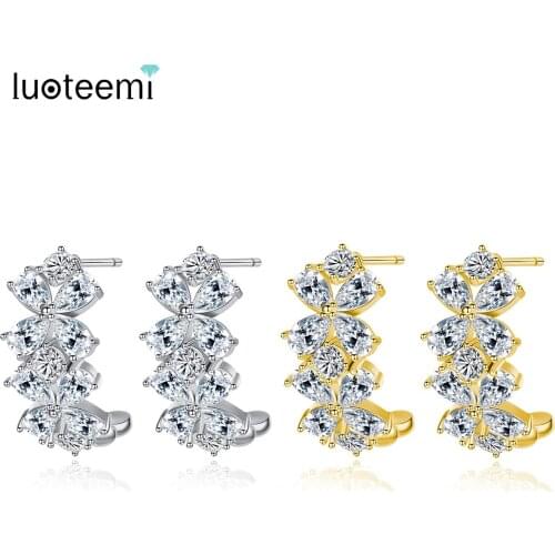 LUOTEEMI Unique Design Semi-annular Flower Stud Earrings for Women Party Wedding Shining CZ Fashion Jewelry Double Color Brincos