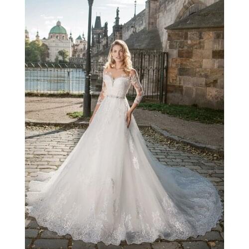 Vestido De Noiva Tulle A-Line Wedding Dresses Three Quarter Sleeve Robes De Mariage O-Neck Sukienka Sexy Hochzeitskleid