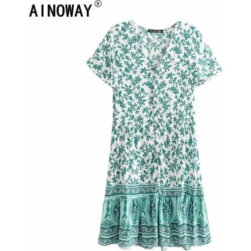 Vintage chic women green floral print deep V-neck Vacation Bohemian mini dress Ladies short sleeve botton Boho dresses vestidos