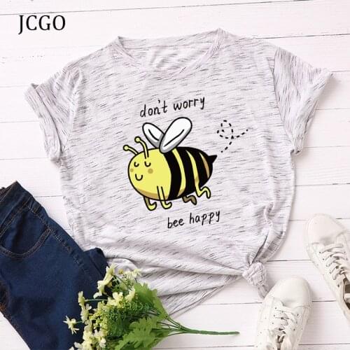 JCGO Women Summer Short Sleeve T-shirt Plus Size S-5XL Cute Happy Bee Print Casual Tees Tops 100% Cotton O Neck Women tshirt