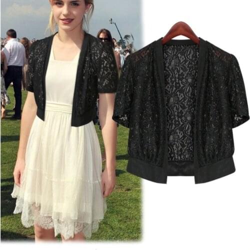 Women Lace Hook Flower Hollow Cardigan Short Coats Cropped Amice Shawl Female Open Front Tops Solid Bolero Capelet Large Size
