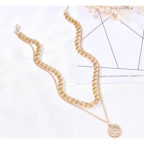 Gold Color Round Sequin Coin Pendant Necklace Double Chain Layered Choker Necklace Collar Women New Jewelry Hip Hop Necklace