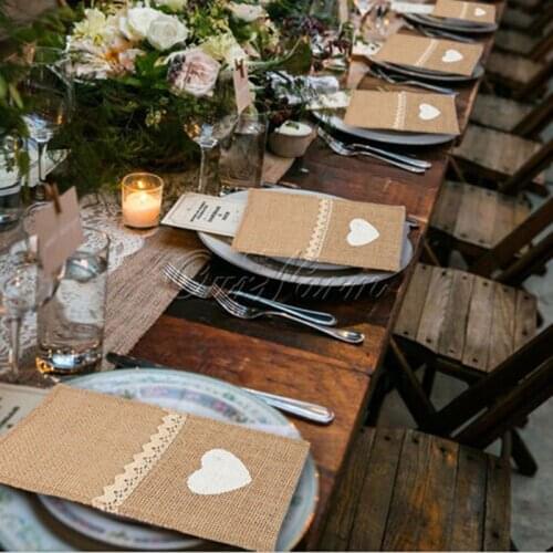 10pcs Jute Hessian Tableware Pouch Pocket Love Cutlery Knife Fork Holder Rustic Wedding Decoration