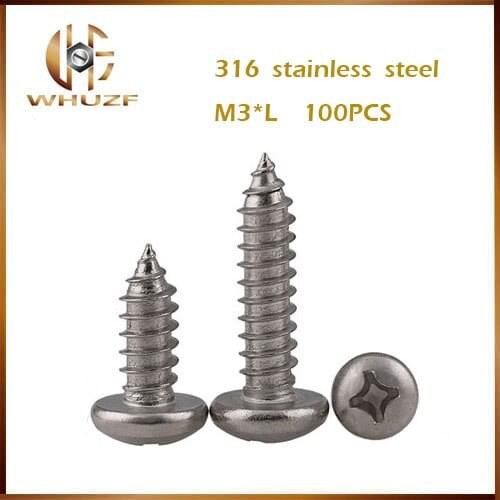 100pcs M3 316 Stainless Steel Large round pan Head Self Tapping Screws phillips Umbrella Head Self-Tapping Screw