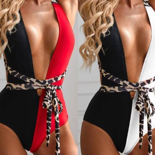 2021 New Fashion Sexy Womens Stitching Leopard Print Belt One-Piece Swimsuit Bikini