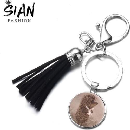 SIAN Hedgehog In The Fog Keychain Little Animal Art Photo Glass Dome Tassel Key Chain Excellent Animated Film Jewelry Collection