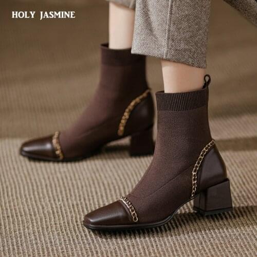 Plus Size 34-43 Retro Genuine Leather Boots Stretch Socks Boots Women Shoes Square Heels Autumn Ladies Ankle Boots Black Boots