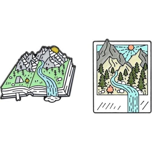 Fresh Mountain Forest Photo Picture Book Brooch Cartoon Camping Enamel Pins Bag Clothes Button Badge Jewelry Gift for Friends