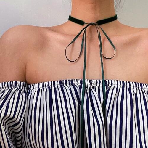 Vogallery Black Velvet Choker Sexy Red Wine Chokers Necklaces For Women Party Dark Green Jewelry Bow Lace Up Summer Chocker