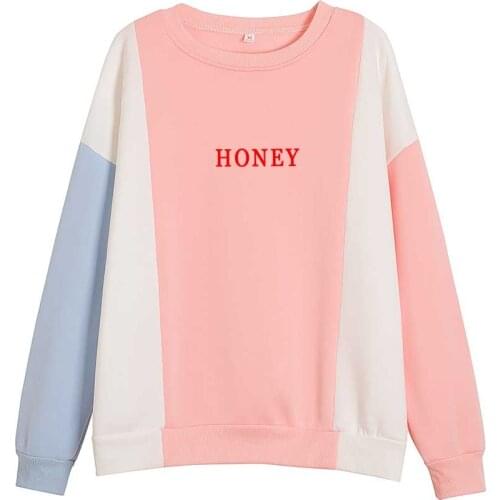 Color Block Pullover Tops Sweatshirt Honey Letter Print Tracksuit Crewneck Sweatshirt Graphic Long Sleeve Streetwear Korean Tops