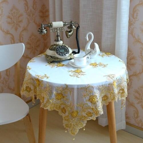 European Lace Fabric Gold Embroidery Beaded Pendant Tablecloth Home Hotel Villa Balcony Small Round Table Luxury Cover Tapete
