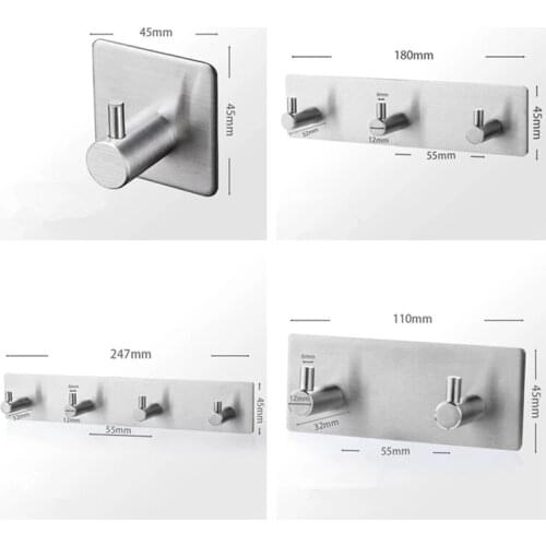 Robe Hooks Brushed Nickel Stainless Steel Single Row Towel Hooks Nail-Free Bathroom Wall Hanger Clothes Door Hooks Hardware