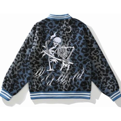 Men Skeleton Embroidery Jacket Couple Leopard Pattern American Retro Baseball Uniform Male Street Loose Stand Collar Jackets Top