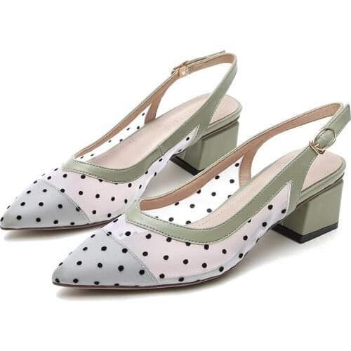 Summer Breathable Polka Dot Pointed Toe Low Heels Sandals Classics Net Yarn Polka Dot Office Women Shoes Back Strap Footwear