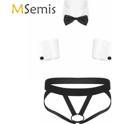 Mens Lingerie Set Role Play Costume Nightwear Collar Cuffs with Low Rise Open Butt O ring Crotchless Jockstrap Thongs Underwear