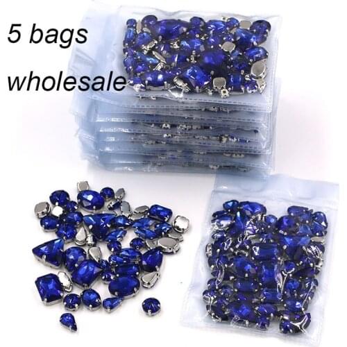 New Clothing accessories Wholesale 5 bags mixed shape glass crystal sliver base Royal blue rhinestones diy wedding dress