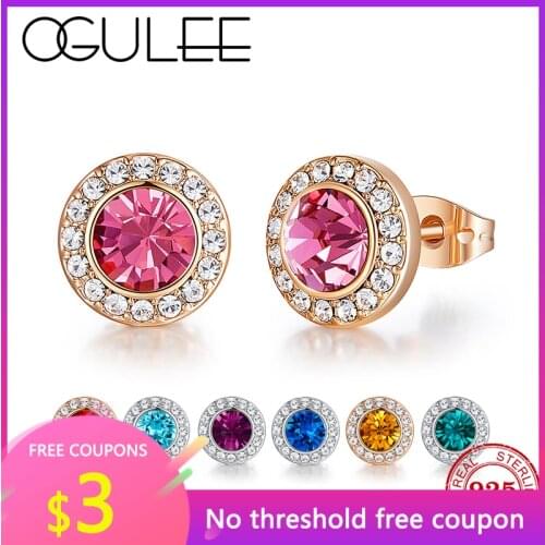 OGULEE Silver Earrings Fashion Stone Pink Blue Crystal Round Shape Small Stud Earrings for Women 12 Birthstone Jewelry Gifts