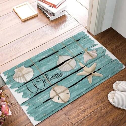 Ocean Entryway Door Rug Floor Mat Seashells And Starfish On Wood Plank Surface Doormat Indoor/Outdoor Door Shoe Scraper Rubber