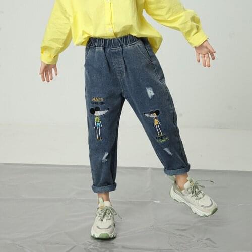 Autumn 2020 New Girls' Jeans European And American Childrens Loose And Perforated Letter Cartoon Embroidery Pants