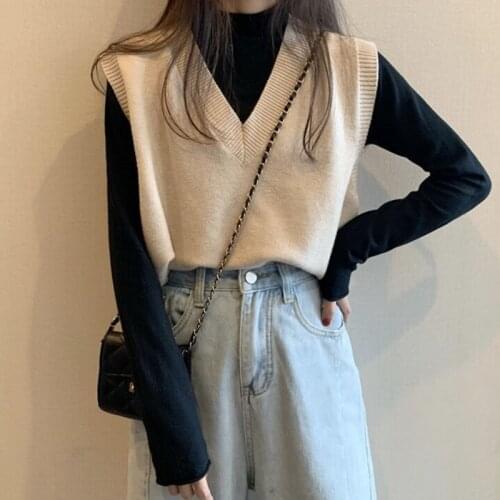Autumn Sweater Vest Women Solid Winter Leisure Knitted Sweater Outerwear V-Neck Sleeveless Female Korean Fashion Harajuku Vest