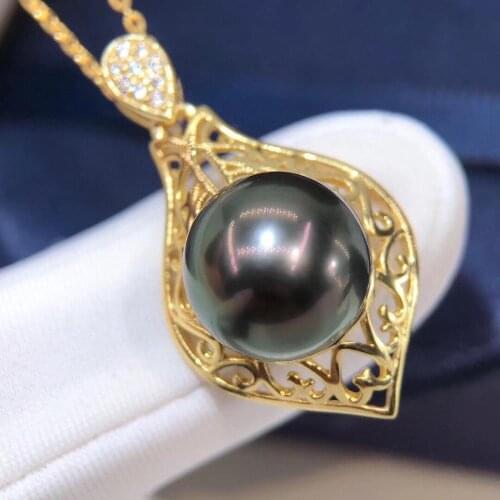 D822 Pearl Pendant Fine Jewelry 925 Sterling Silver Round 11-12mm Nature Sea Water Tahiti Black Pearls Pendants Necklaces Gifts