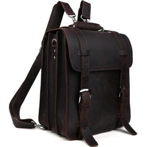 Tiding Luxury Thick Handmade Leather Travel Backpack Men Fashion Personality Rucksack Daypack Overnight Weekender Bag Dark Brown
