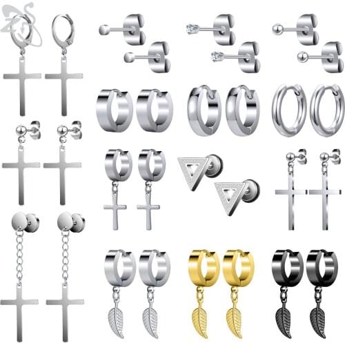 ZS 3-9pairs/lot Punk Stainless Steel Drop Earring Set For Women Men Cross Leaves Dangle Earrings Hip Hop Street Hoop Ear Jewelry