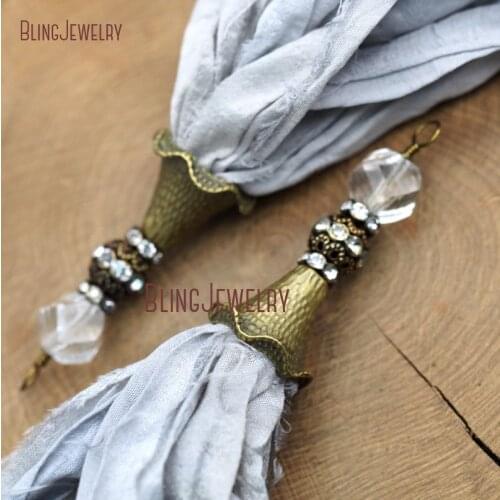 Light Gray Sari Silk Tassel Pendant Antique Bronze and Crystal Ball Accent PM9037