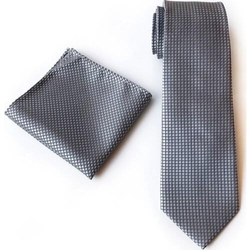 Unique Designer Mens Necktie Set Silver Gray Checkered Ties with High Quality Woven Pocket Square