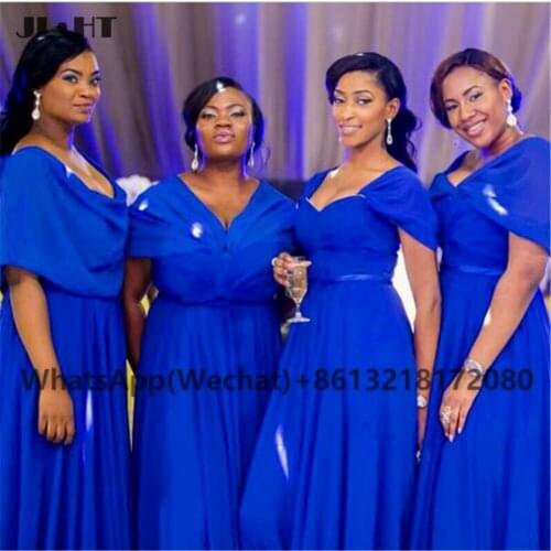 Nigerian 2021 Plus Size Bridesmaid Dress Long Cap Sleeve Pleat V-Neck Wedding Party Gown Chiffon African Bridesmaid Dresses