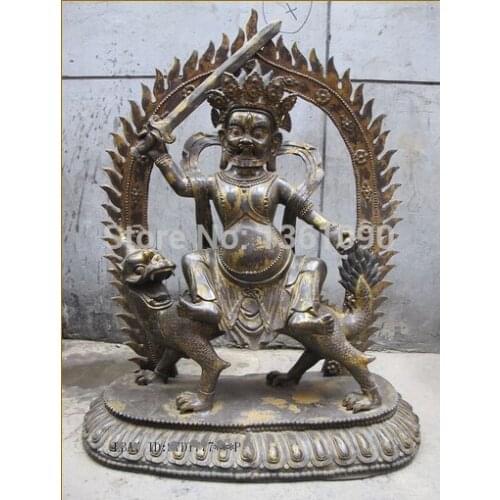 Xd 001282 34"Tibet buddhist Bronze gild vintage statue MAHAKALA Riding a unicorn dragon