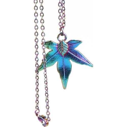 New Rainbow Color Alloy Maple Leaf Pendant Necklace Leaves Choker Charm 50cm Stainless Steel Chain DIY Handmade Jewelry