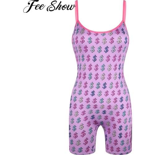 Womens Fashion Summer Dollar Printed Two Pieces Outfit or One-piece Leotard Short Jumpsuit for Casual Fitness Sports Gym Workout