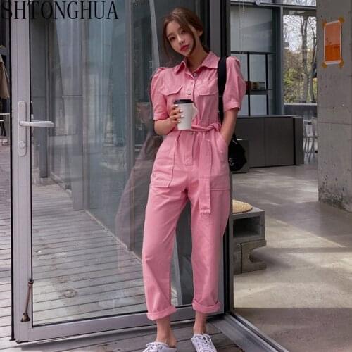 Vintage Elegant Office Lady Overalls 2020 Summer All Match Solid Casual Loose Chic Women Plus Size Lace Up Sashes Jumpsuits