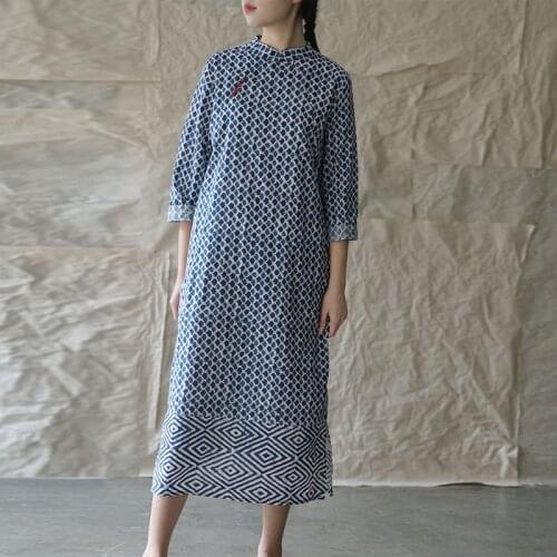 Johnature Spring Summer Retro Stand Plate Buckle Floral Print Cheongsam Dress 2021 New All-match Comfortable Women Fashion Dress